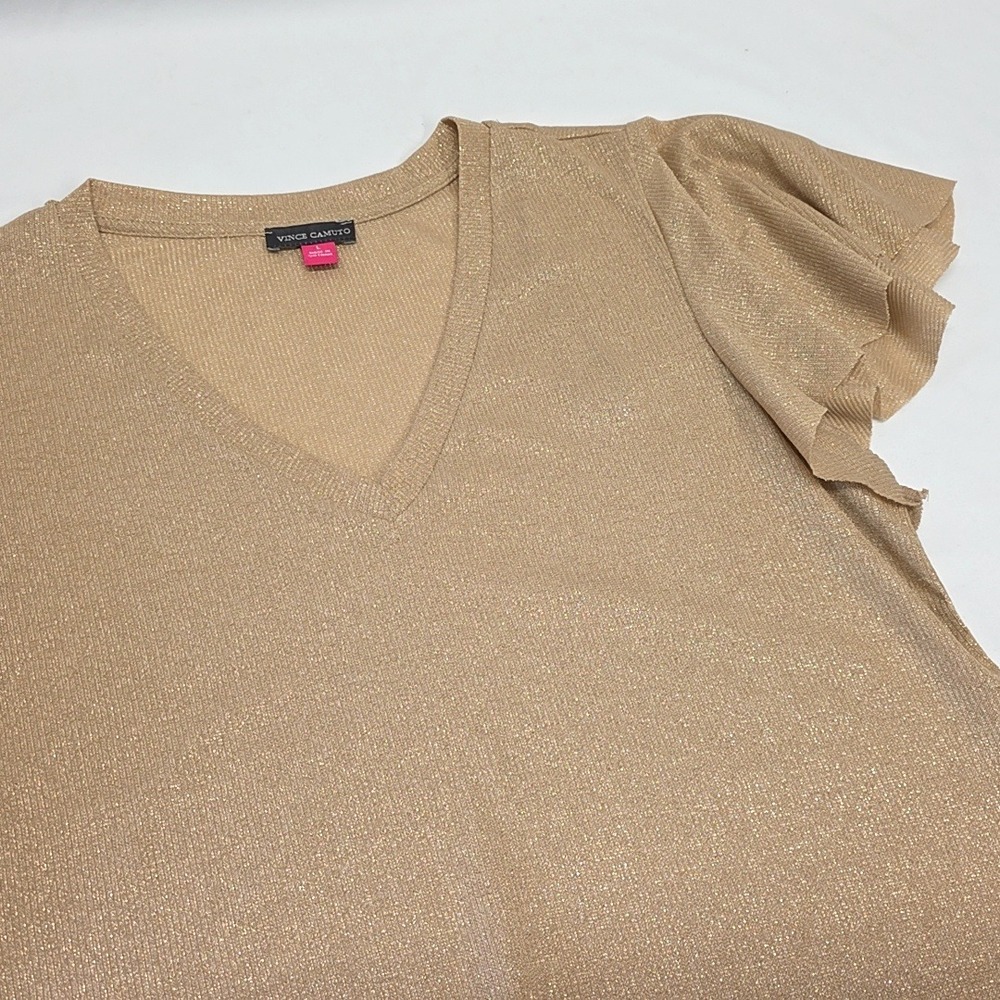 Vince‎ Camuto Flutter Sleeve Top Womens Large Gold Metallic V-Neck